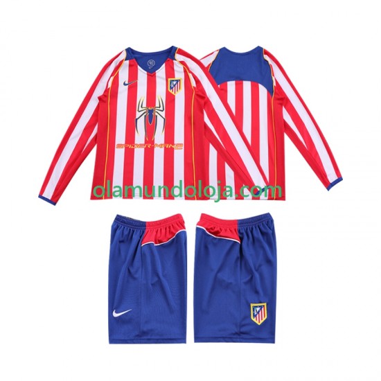 Camisola Atlético Madrid 2005 Retro Criança Equipamento Primeiro 2004 Manga Comprida